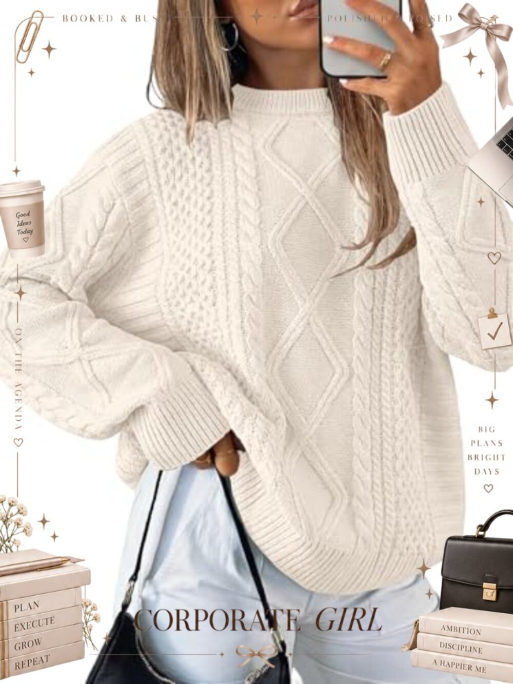Oversized Cable Knit Pullover Sweater Crewneck Long Sleeve